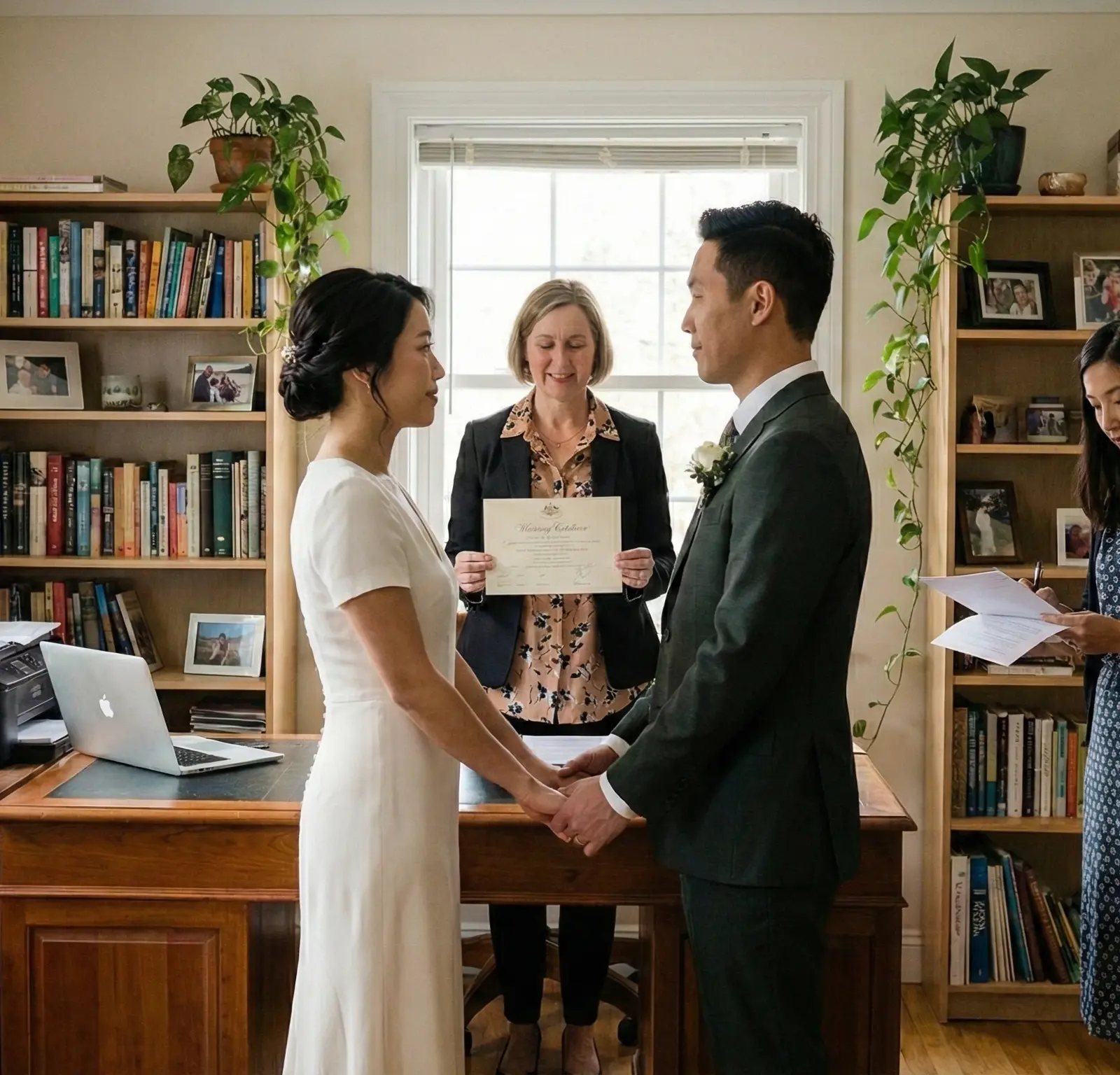 Happy couple getting married outdoors